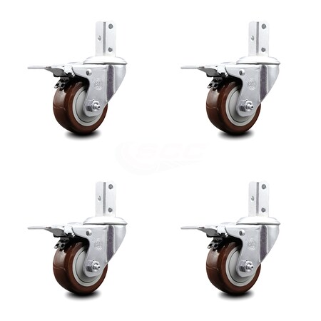 Service Caster 3 Inch Maroon Poly Wheel Swivel 3/4 Inch Square Stem Caster Set Total Lock Brake SCC-SQTTL20S314-PPUB-MRN-34-4